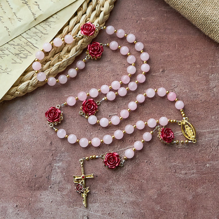 Christianartworkshop Rosario in quarzo rosa con rose smaltate: simbolo di fede e amore incrollabile. - image 2