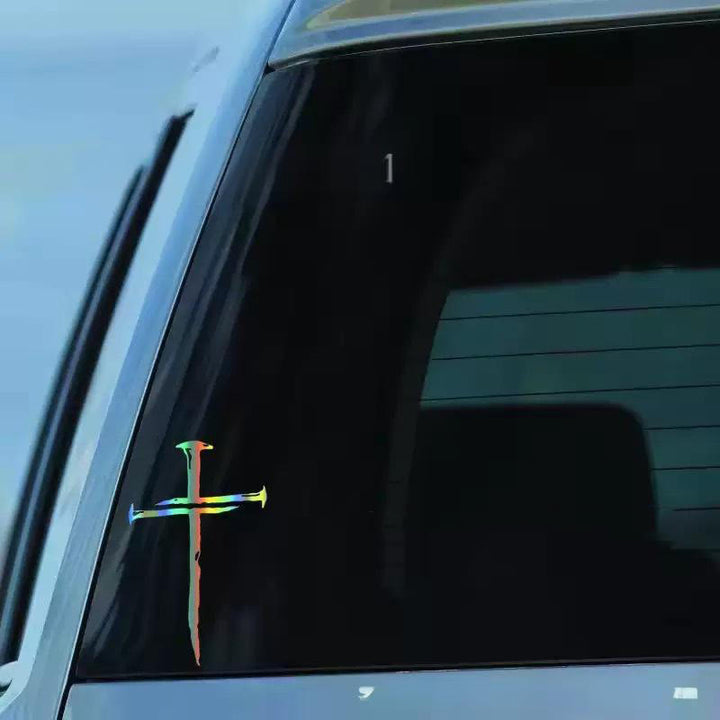 Christianartworkshop Adesivo in vinile con croce effetto invecchiato: resistente alle intemperie, ideale per vetrine auto. - Laser arcobaleno - image 6