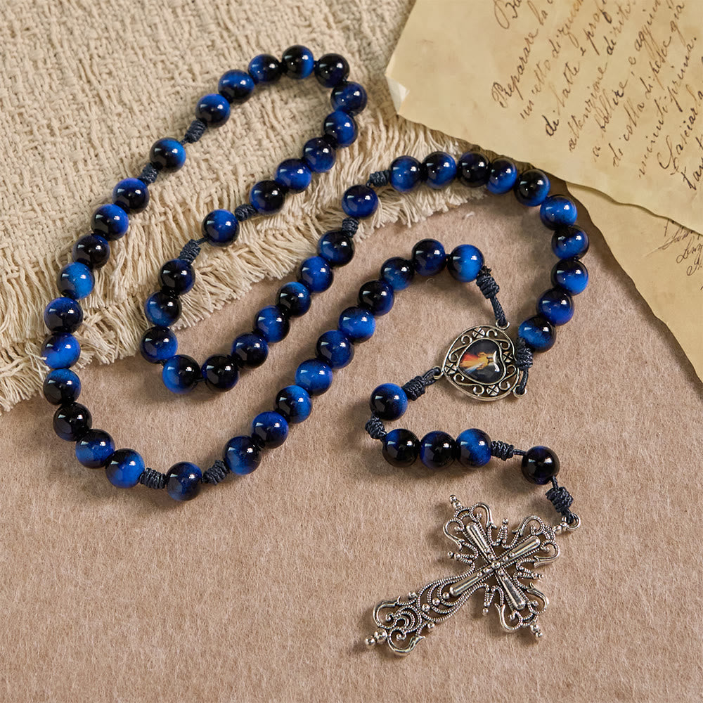 Christianartworkshop Rosario in occhio di tigre blu con crocifisso color argento: simbolo dell'incrollabile forza di Dio. - Rosario in occhio di tigre blu - image 0