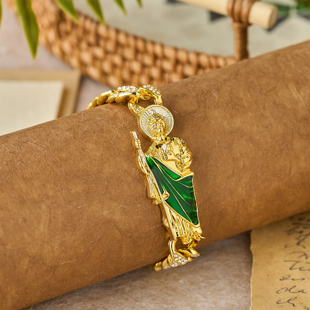 Christianartworkshop Bracciale a maglie larghe con zirconi raffigurante San Giuda con la veste verde: simbolo di grazia sacra e protezione. - image 1