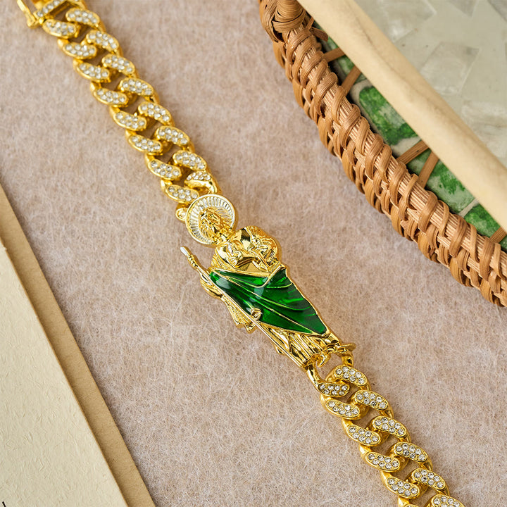 Christianartworkshop Bracciale a maglie larghe con zirconi raffigurante San Giuda con la veste verde: simbolo di grazia sacra e protezione. - image 3