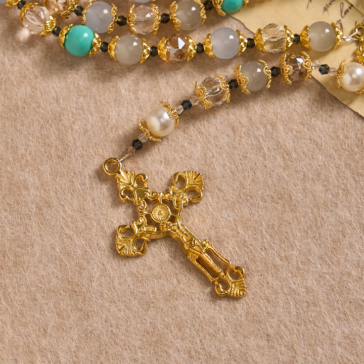 Christianartworkshop Rosario con perle di vetro blu, medaglia della Madonna e crocifisso: simbolo di grazia in ogni preghiera. - image 7