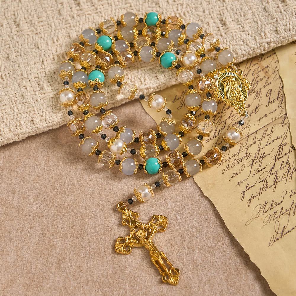 Christianartworkshop Rosario con perle di vetro blu, medaglia della Madonna e crocifisso: simbolo di grazia in ogni preghiera. - image 3