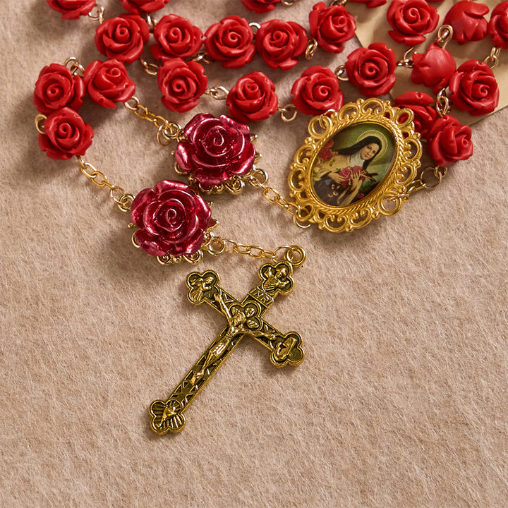 Christianartworkshop Rosario devozionale con perline in resina rosa, medaglia della Madonna e crocifisso: porta la luce divina in ogni petalo. - image 6