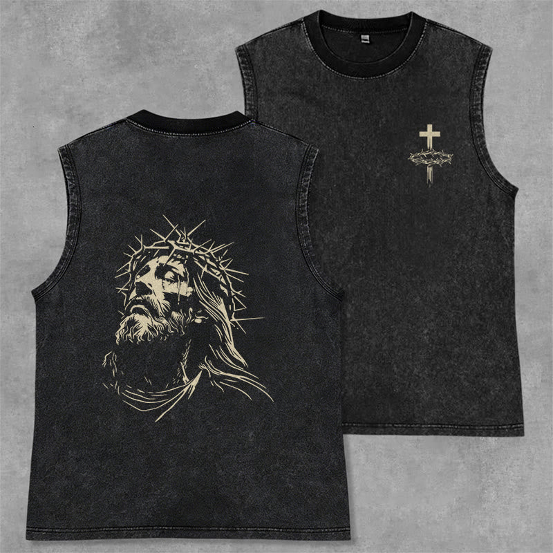 Christianartworkshop Canotta unisex vintage con corona di spine e stampa di Gesù, effetto lavato. - Nero - 2XL - image 1