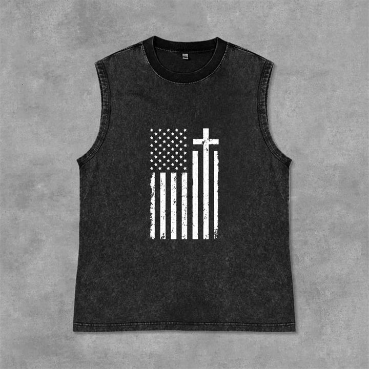 Christianartworkshop Canotta patriottica con bandiera americana e croce, effetto lavato - Nero - 2XL - image 3