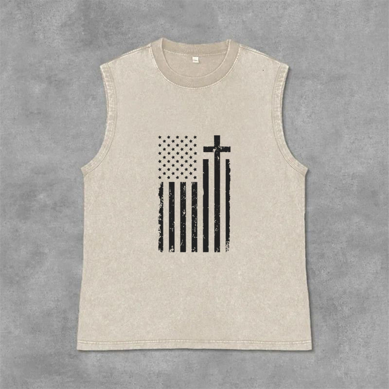 Christianartworkshop Canotta patriottica con bandiera americana e croce, effetto lavato - Beige - 2XL - image 9