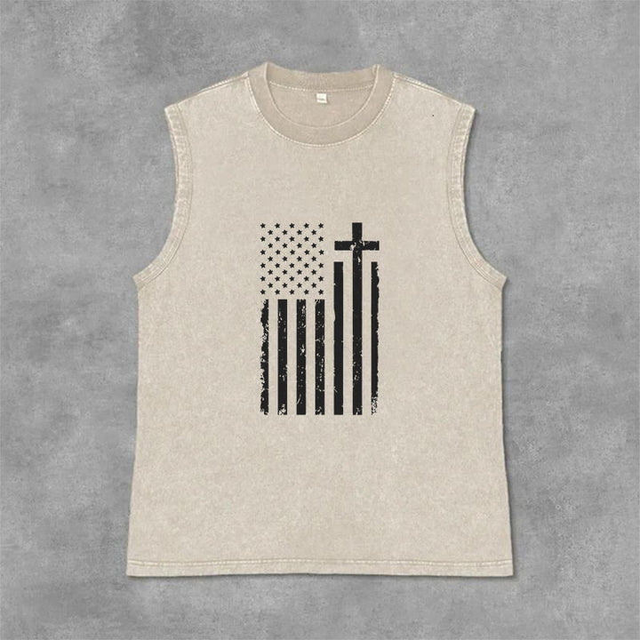 Christianartworkshop Canotta patriottica con bandiera americana e croce, effetto lavato - Beige - 2XL - image 9