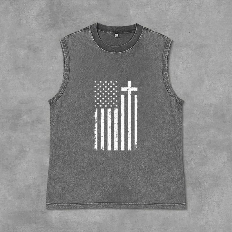 Christianartworkshop Canotta patriottica con bandiera americana e croce, effetto lavato - Grigio - 2XL - image 6