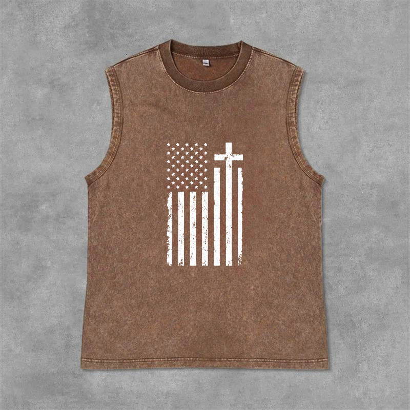 Christianartworkshop Canotta patriottica con bandiera americana e croce, effetto lavato - Marrone - 2XL - image 0