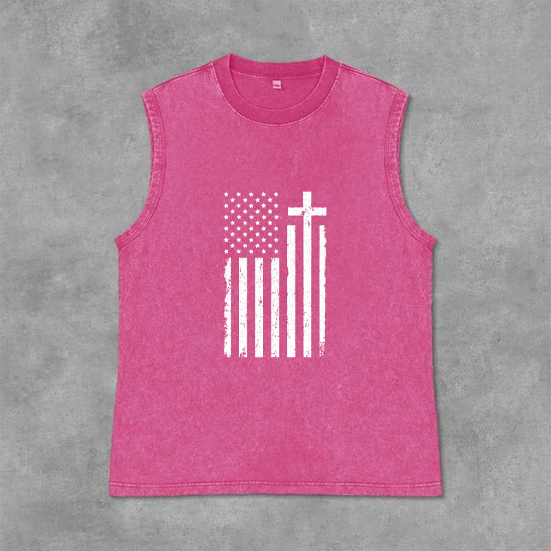 Christianartworkshop Canotta patriottica con bandiera americana e croce, effetto lavato - Rosa - 2XL - image 12