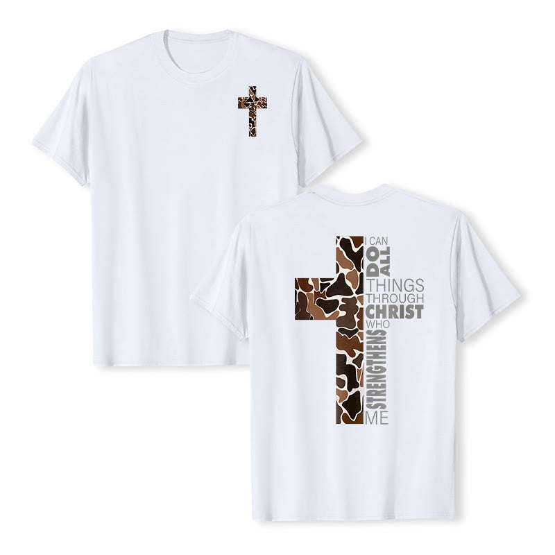 Maglietta cristiana con croce mimetica e versetto Filippesi 4:13, realizzata Christianartworkshop. - Bianco - 2XL - image 0