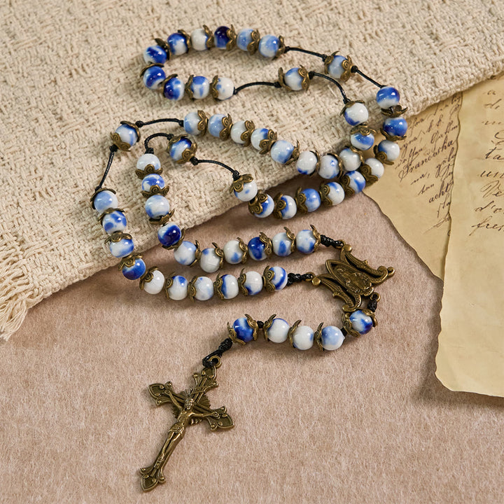 Christianartworkshop Rosario con perline blu e bianche e medaglia miracolosa: un simbolo di intercessione celeste. - Medaglia Miracolosa e Crocifisso - image 0