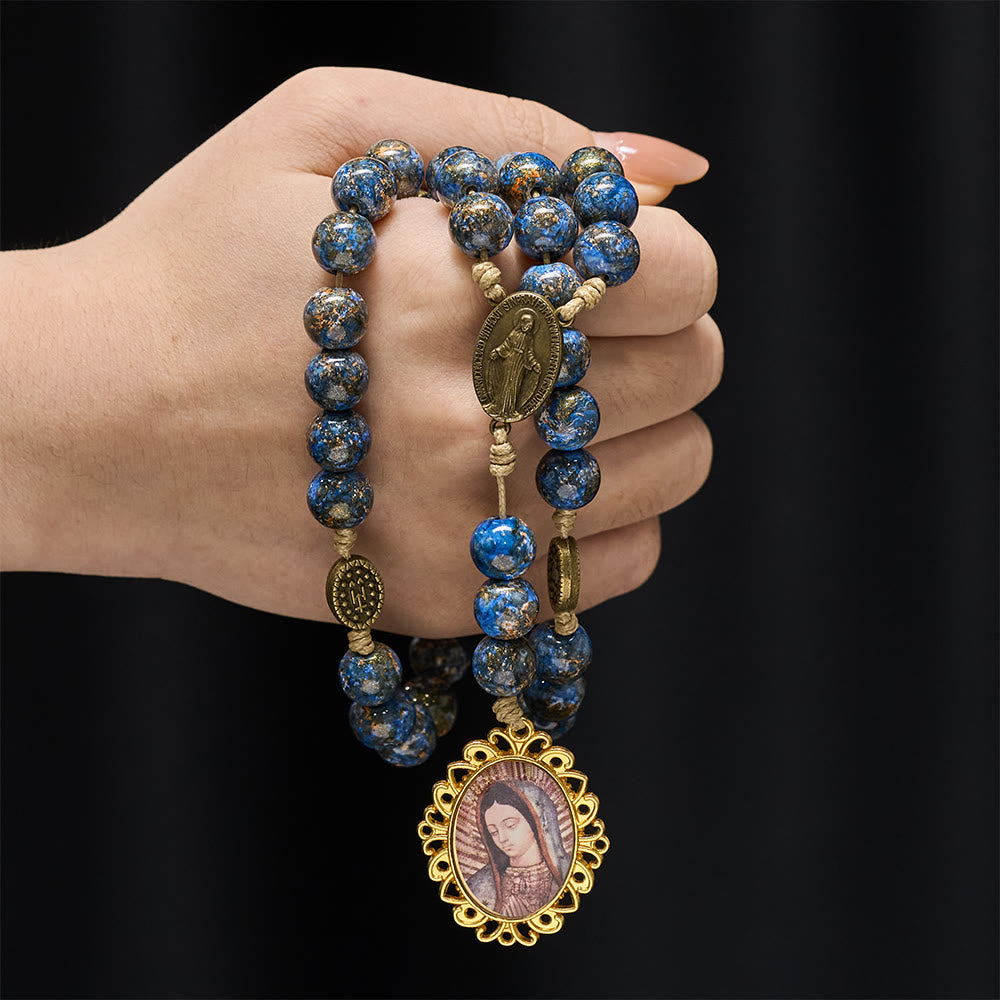 Christianartworkshop Rosario della Beata Vergine Maria dei Sette Dolori con perline dipinte a olio blu e medaglia della Madonna - image 1