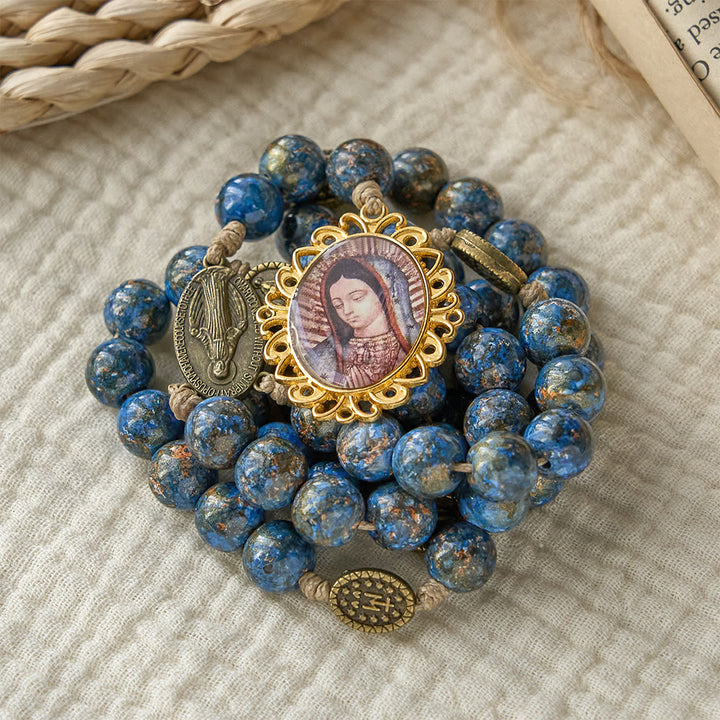 Christianartworkshop Rosario della Beata Vergine Maria dei Sette Dolori con perline dipinte a olio blu e medaglia della Madonna - image 3