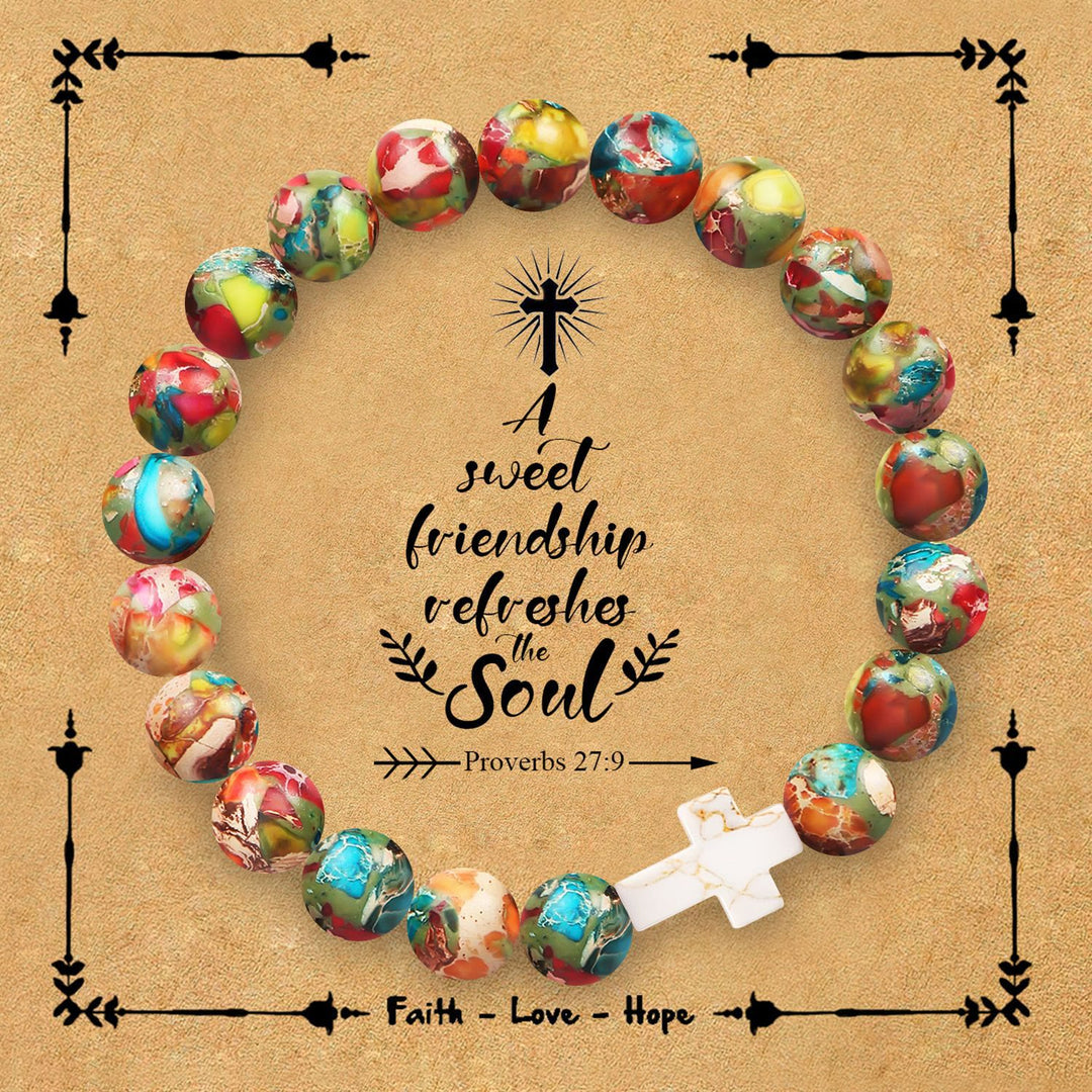 Christianartworkshop Bracciale con croce in pietra naturale e cartoncino con versetto Proverbi 27:9: simbolo di amicizia e grazia divine. - Pietra dell'Imperatore - image 0