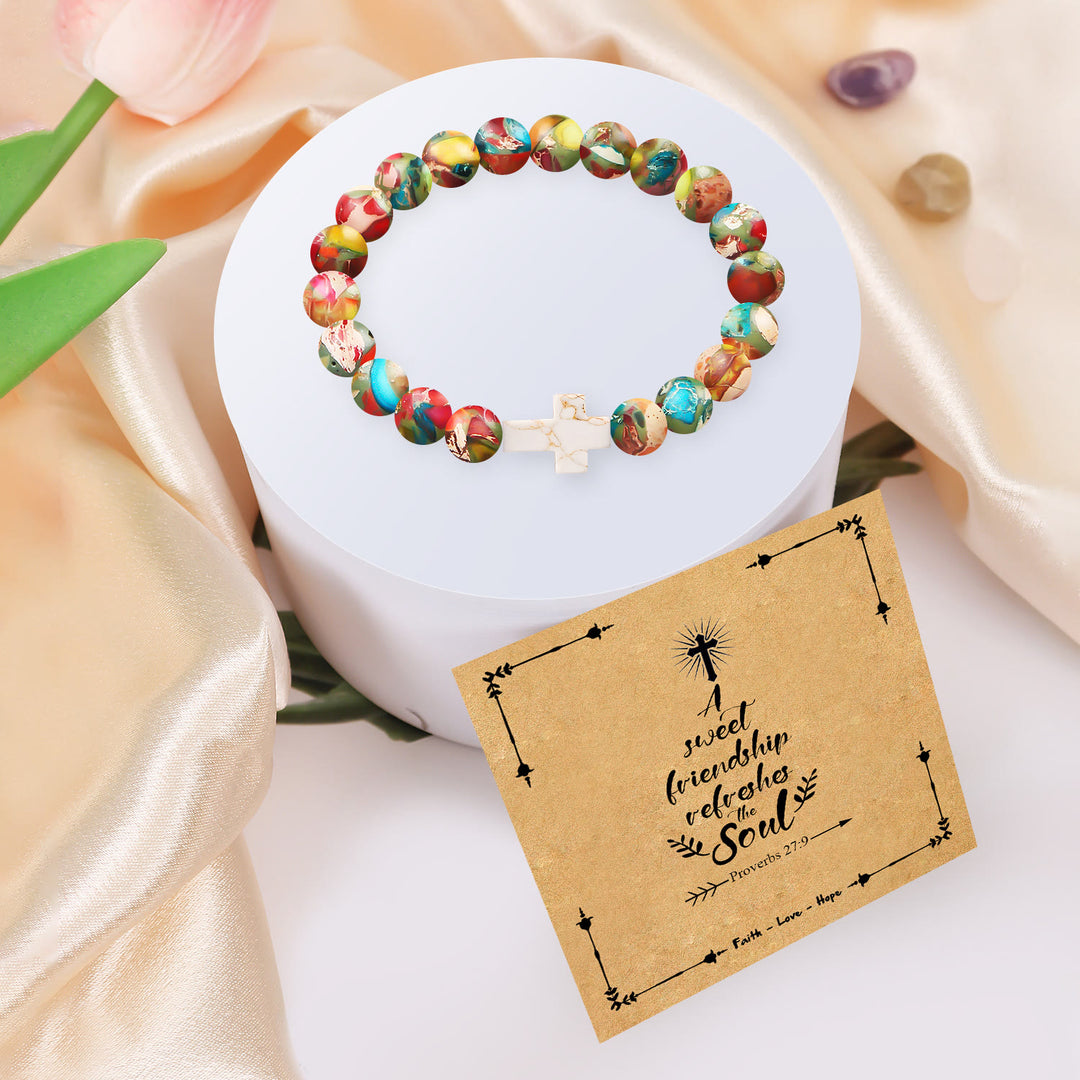 Christianartworkshop Bracciale con croce in pietra naturale e cartoncino con versetto Proverbi 27:9: simbolo di amicizia e grazia divine. - image 2
