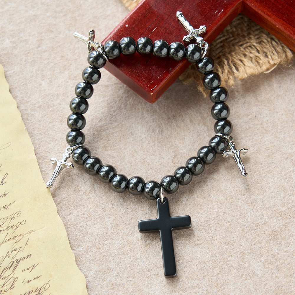 Christianartworkshop Bracciale con croce in ematite e mini ciondoli a croce: simbolo di protezione divina e fede. - image 3
