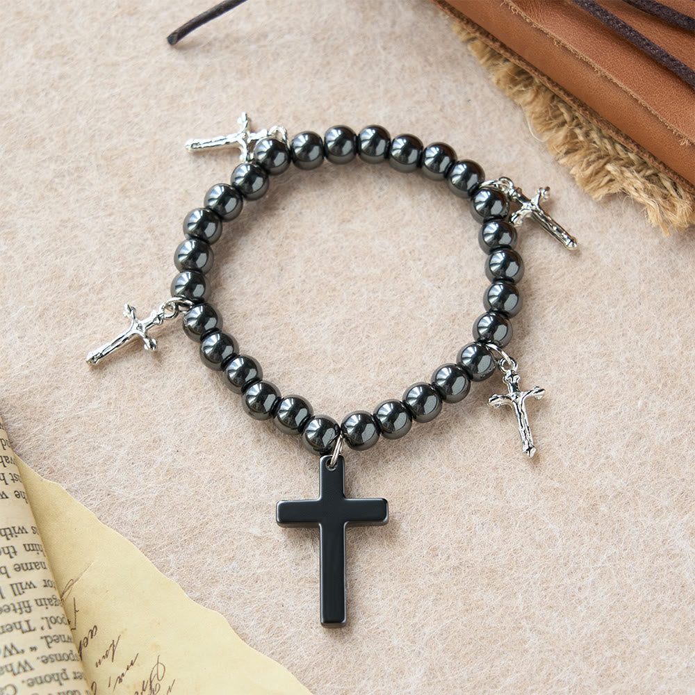 Christianartworkshop Bracciale con croce in ematite e mini ciondoli a croce: simbolo di protezione divina e fede. - Nero - image 0