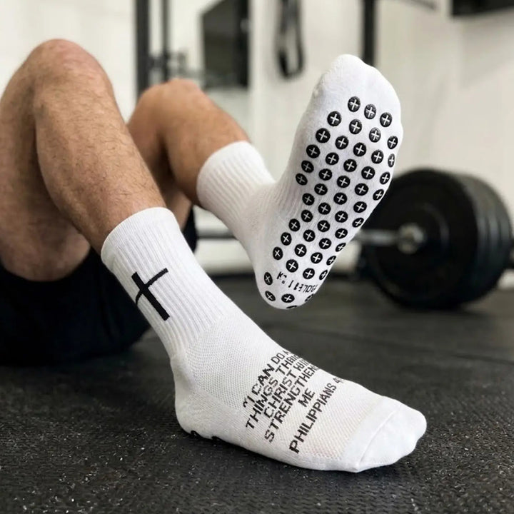 Christianartworkshop Calzini da calcio antiscivolo con versetti biblici: FILIPPESI 4:13 e PROVERBI 3:5 - Bianco - 10 paia - image 0