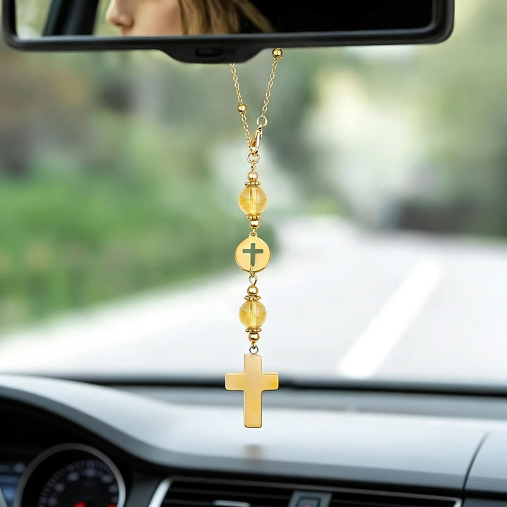 Christianartworkshop Ciondolo per auto a forma di croce in cristallo naturale con catena di perline dorate: un prezioso accessorio per ogni viaggio. - Cristallo giallo - image 11
