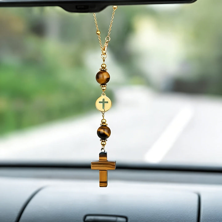 Christianartworkshop Ciondolo per auto a forma di croce in cristallo naturale con catena di perline dorate: un prezioso accessorio per ogni viaggio. - Occhio di tigre - image 0