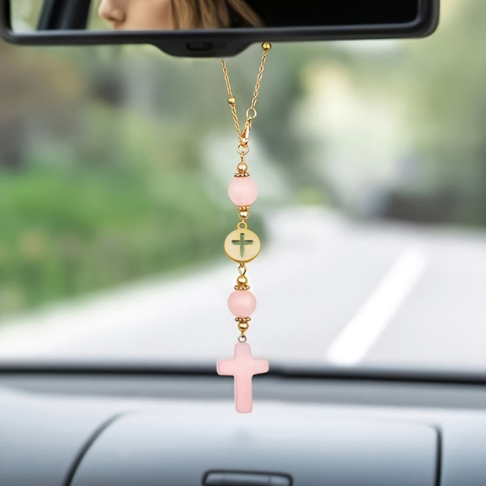 Christianartworkshop Ciondolo per auto a forma di croce in cristallo naturale con catena di perline dorate: un prezioso accessorio per ogni viaggio. - Cristallo rosa - image 2