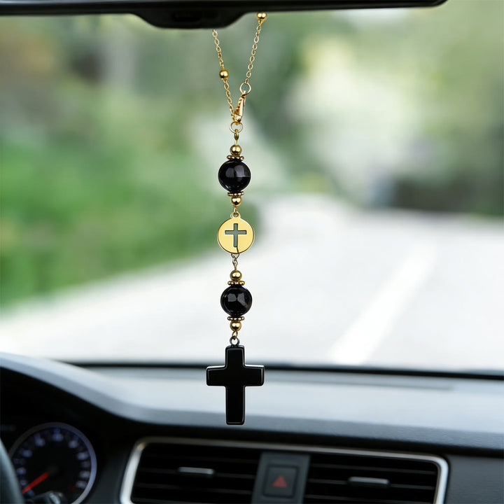 Christianartworkshop Ciondolo per auto a forma di croce in cristallo naturale con catena di perline dorate: un prezioso accessorio per ogni viaggio. - Ossidiana - image 15