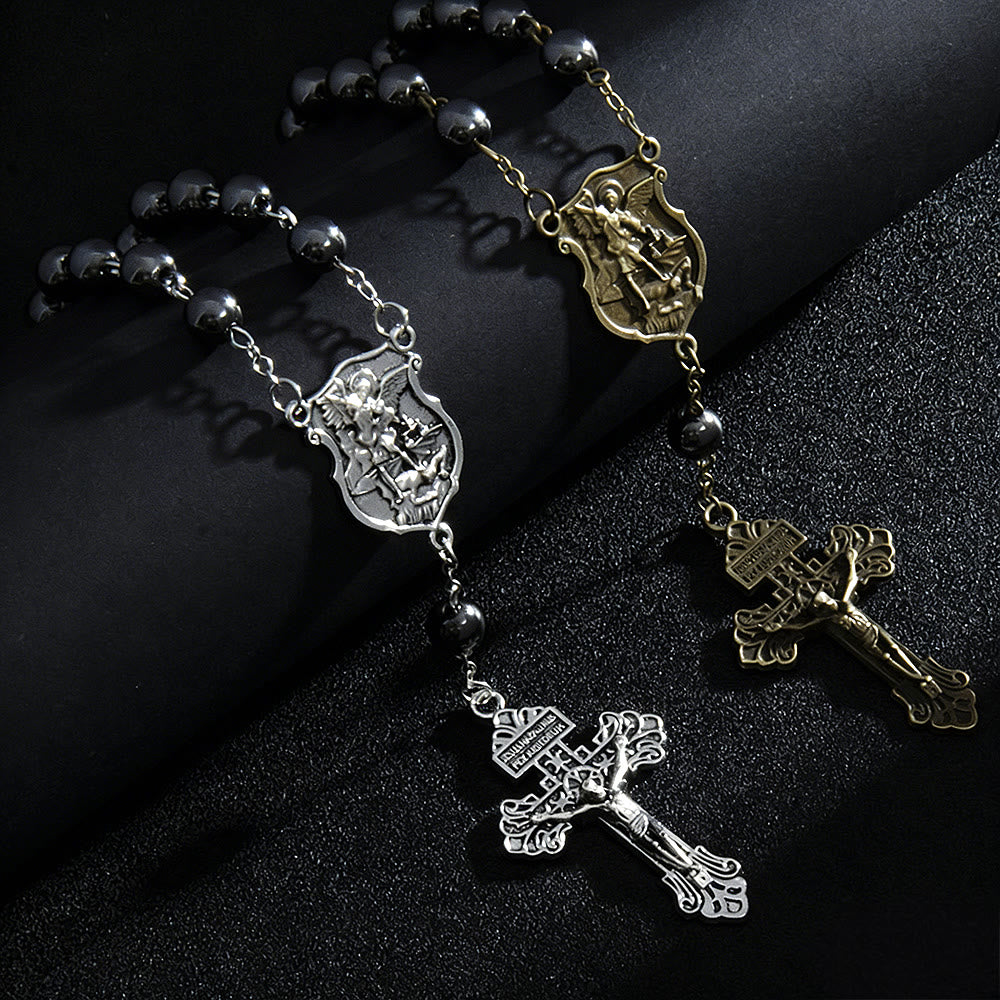 Ciondolo a forma di auto in ematite con medaglia di San Michele e crocifisso, realizzato Christianartworkshop : un dono di protezione e forza divina. - Argento e oro (2 pezzi) - image 1