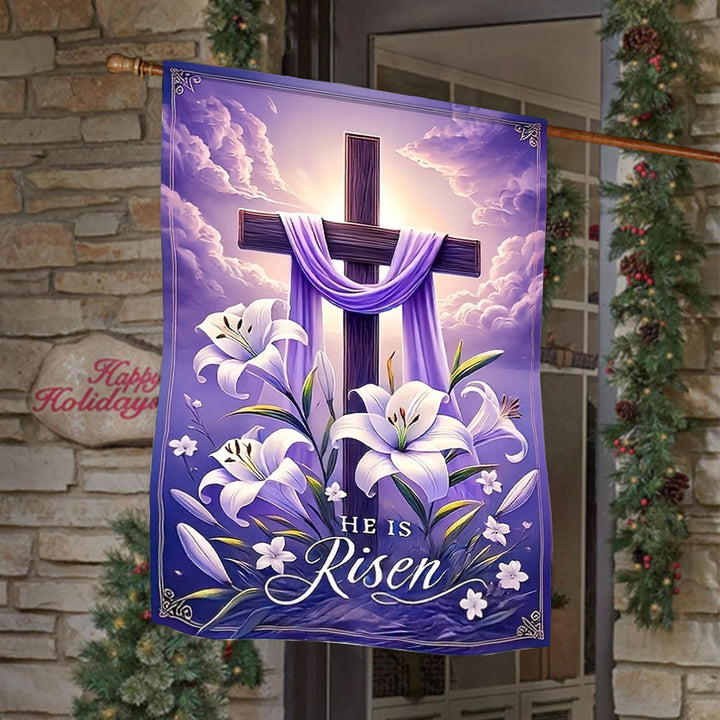 Christianartworkshop Bandiera da giardino con croce della Resurrezione, gigli e drappeggio viola: un simbolo di gioia celeste - image 1