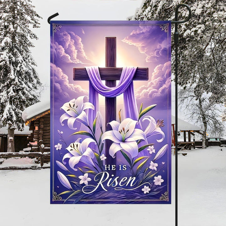 Christianartworkshop Bandiera da giardino con croce della Resurrezione, gigli e drappeggio viola: un simbolo di gioia celeste - image 3