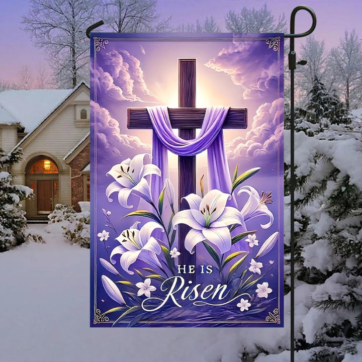 Christianartworkshop Bandiera da giardino con croce della Resurrezione, gigli e drappeggio viola: un simbolo di gioia celeste - 90×150 cm (3×5 piedi) - image 0