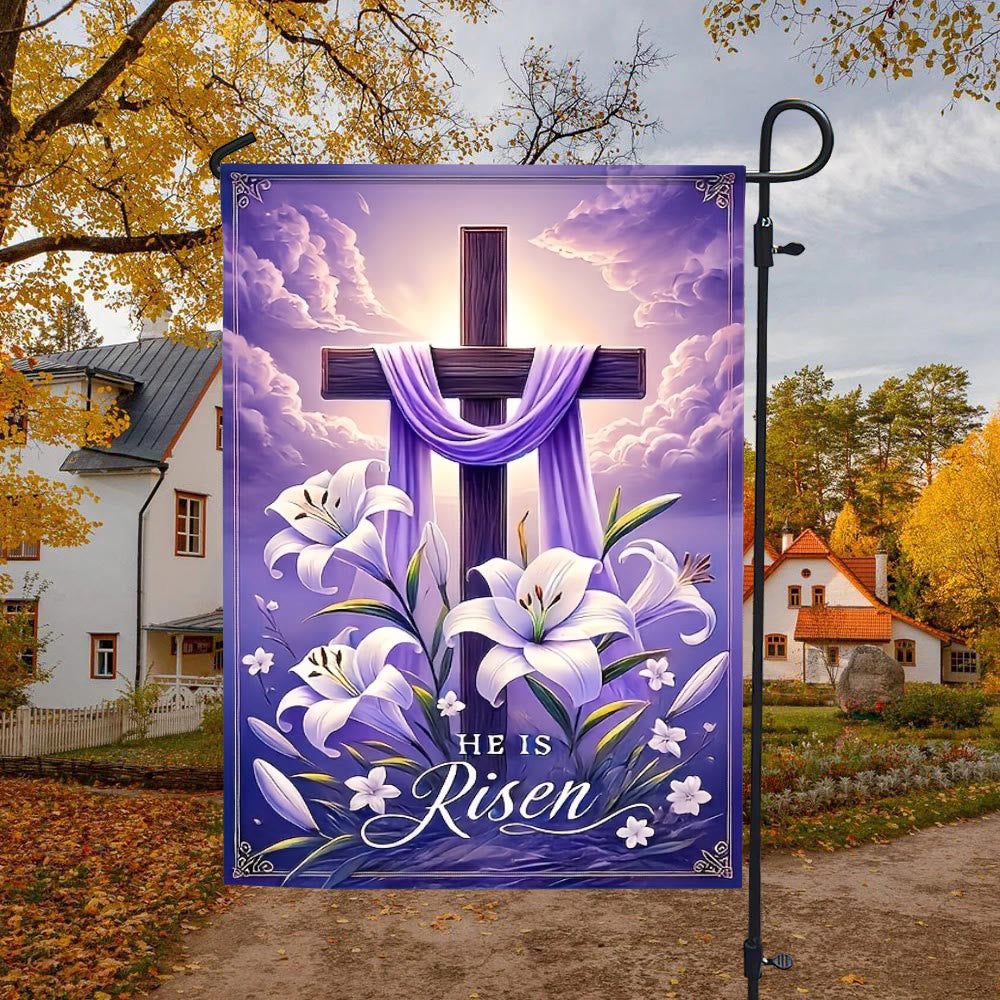 Christianartworkshop Bandiera da giardino con croce della Resurrezione, gigli e drappeggio viola: un simbolo di gioia celeste - image 4