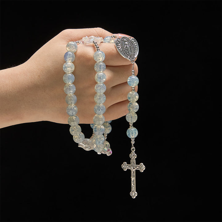 Rosario di perle di vetro rosa con decorazioni a forma di rosa e medaglia miracolosa, Christianartworkshop. - image 9