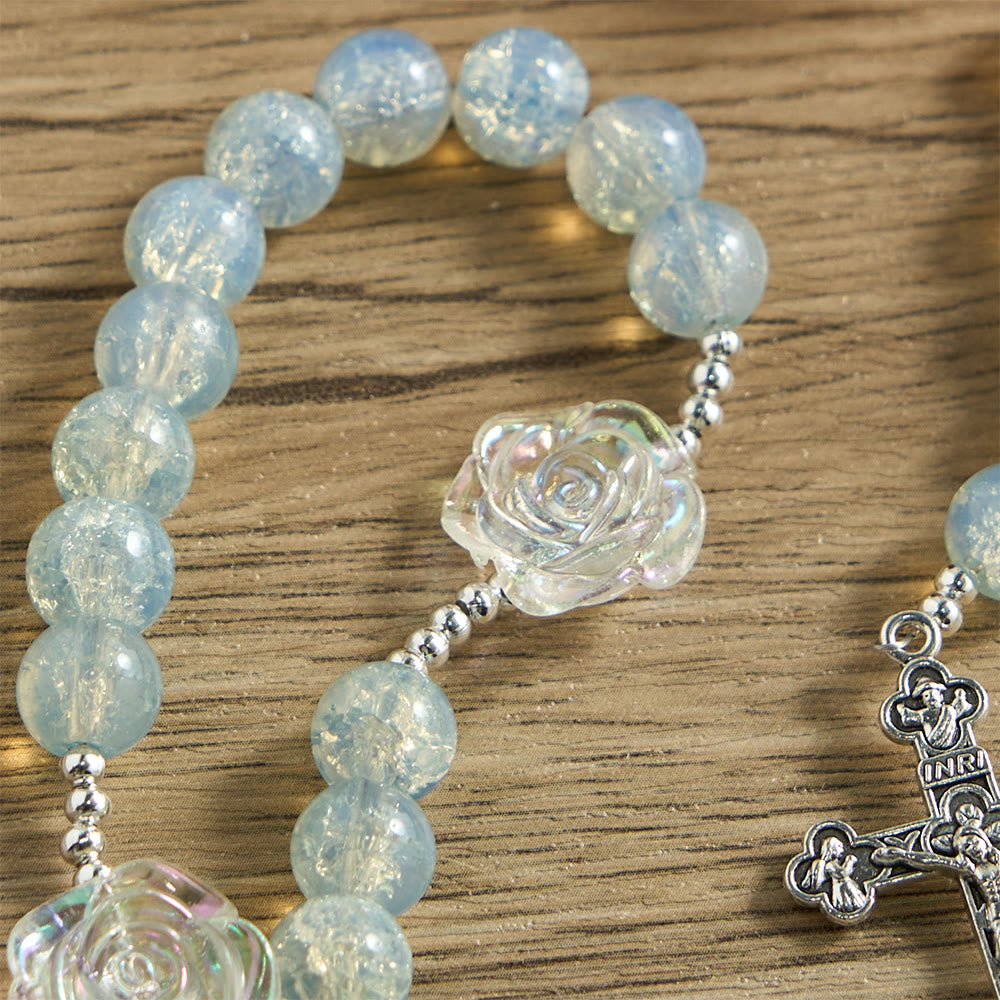 Rosario di perle di vetro rosa con decorazioni a forma di rosa e medaglia miracolosa, Christianartworkshop. - image 14