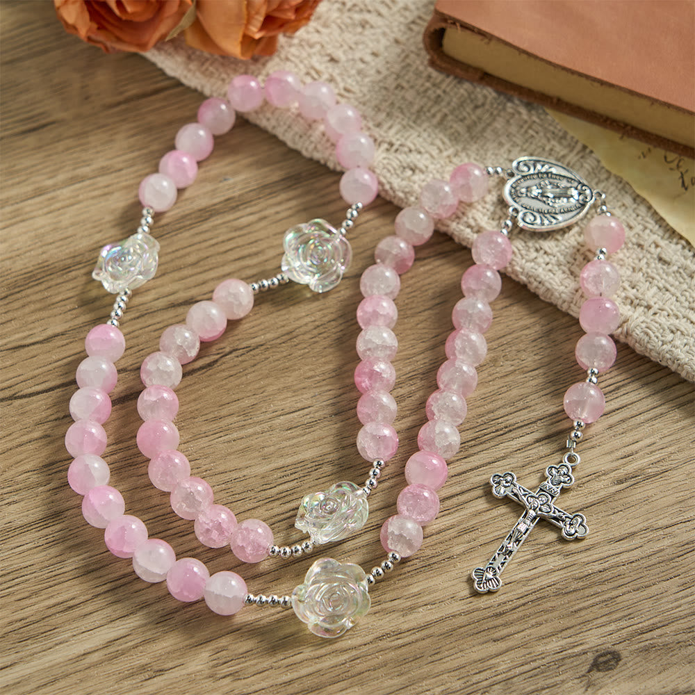 Rosario di perle di vetro rosa con decorazioni a forma di rosa e medaglia miracolosa, Christianartworkshop. - image 2