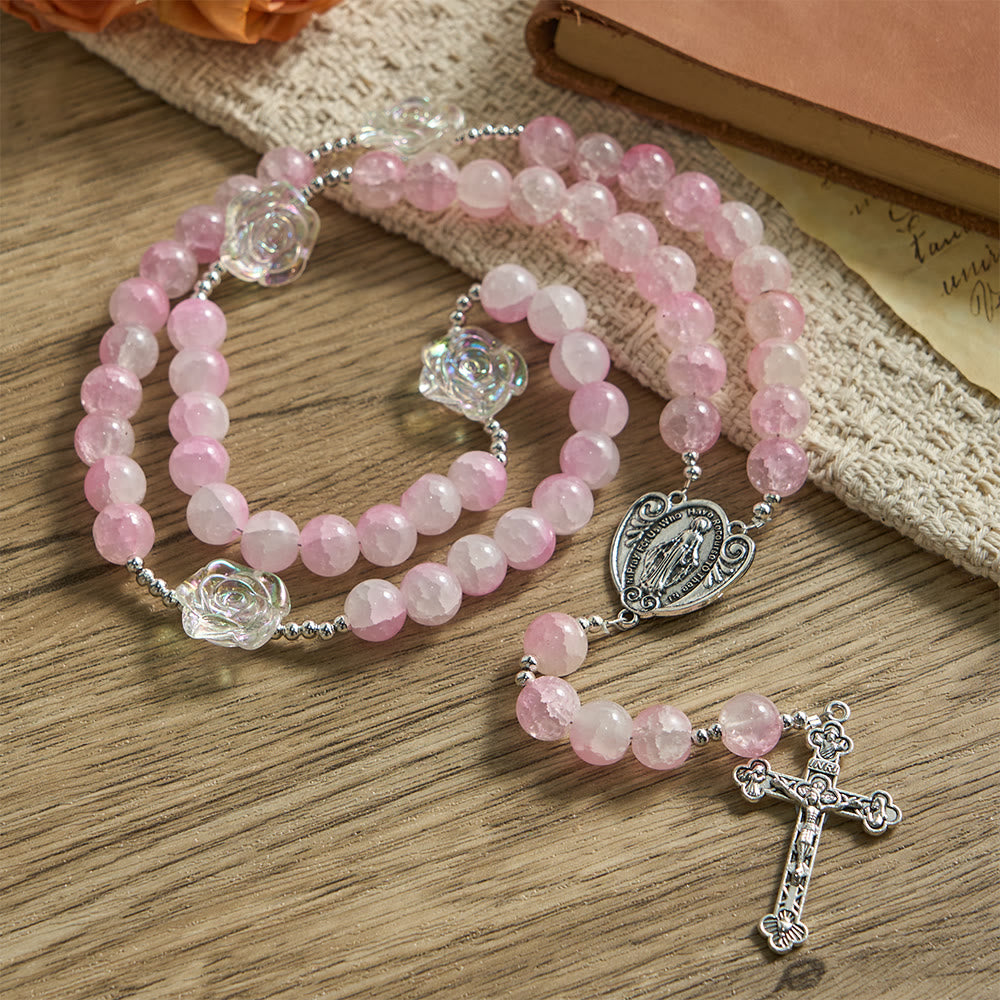 Rosario di perle di vetro rosa con decorazioni a forma di rosa e medaglia miracolosa, Christianartworkshop. - Rosa - image 0
