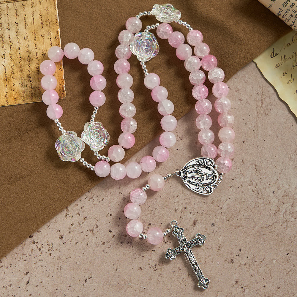 Rosario di perle di vetro verde pallido con decorazioni a forma di rosa e medaglia miracolosa, Christianartworkshop. - image 12