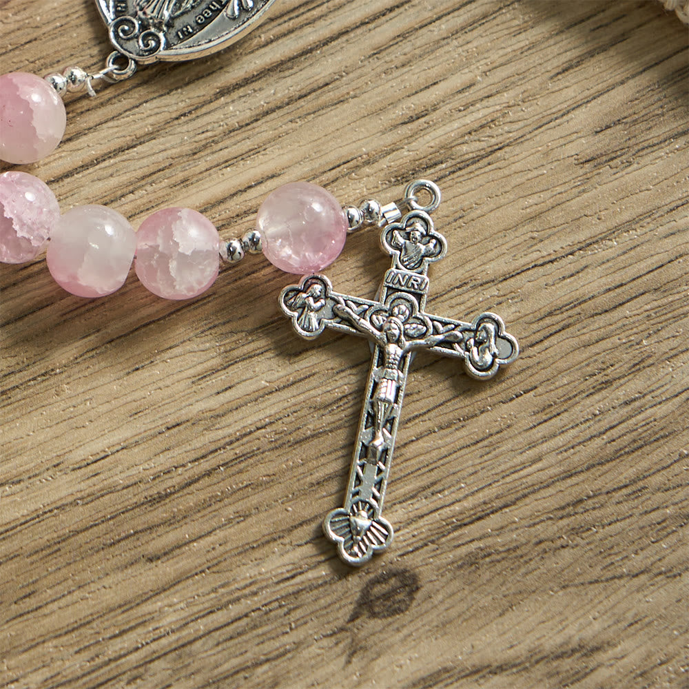 Rosario di perle di vetro verde pallido con decorazioni a forma di rosa e medaglia miracolosa, Christianartworkshop. - image 15