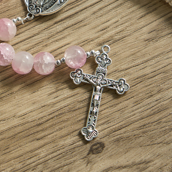 Rosario di perle di vetro verde pallido con decorazioni a forma di rosa e medaglia miracolosa, Christianartworkshop. - image 15