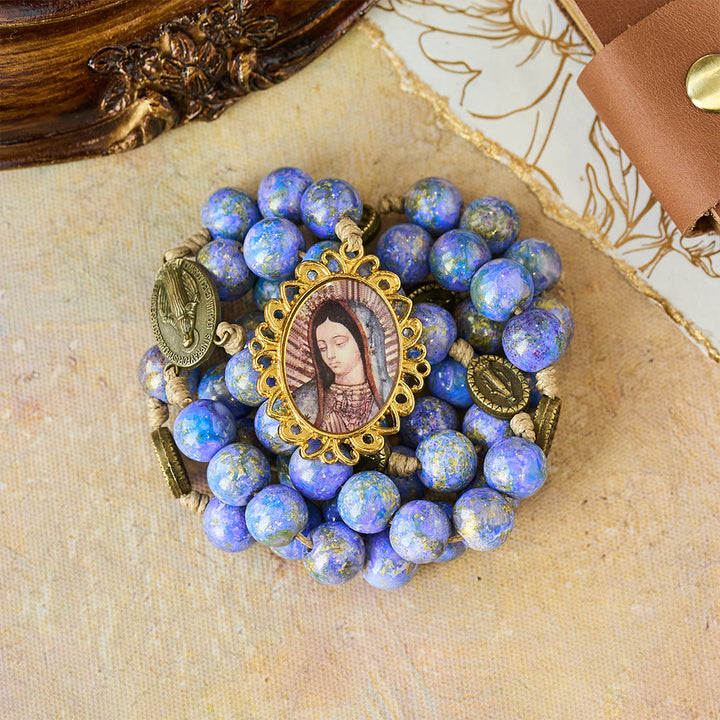 Christianartworkshop Rosario della Beata Vergine Maria dei Sette Dolori con perline dipinte a olio viola e blu e medaglia della Madonna - image 4