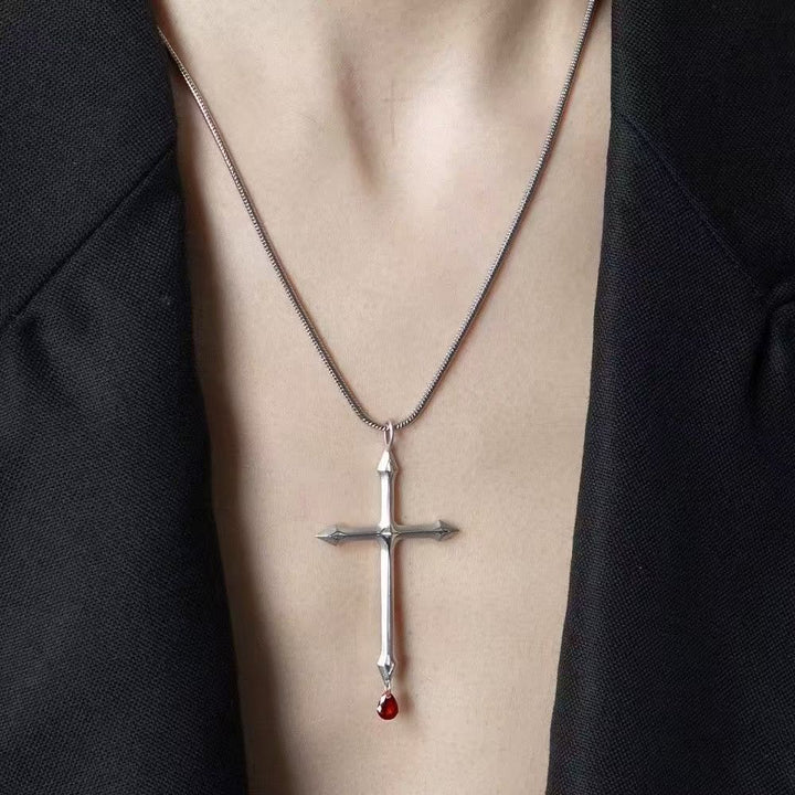 Christianartworkshop Collana con croce e spada, con goccia di zircone rosso: un sacro ricordo per i credenti - image 1
