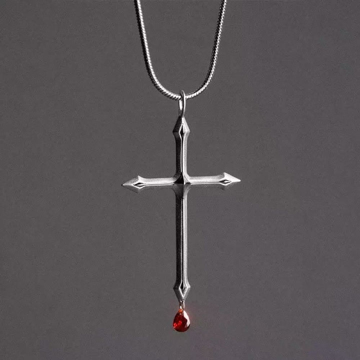 Christianartworkshop Collana con croce e spada, con goccia di zircone rosso: un sacro ricordo per i credenti - Croce e goccia rossa - image 0