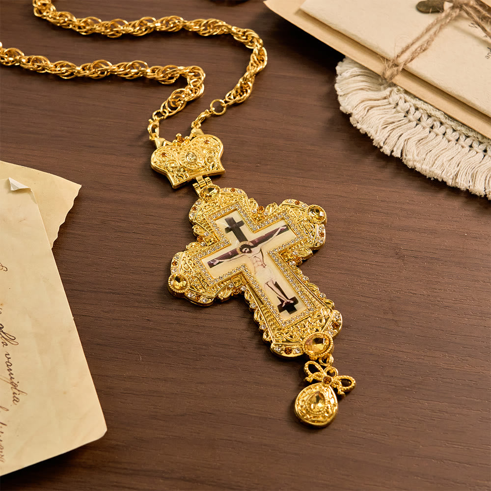Christianartworkshop Collana con grande crocifisso pettorale riccamente decorato e corona: simbolo di sacra maestà e redenzione. - image 1