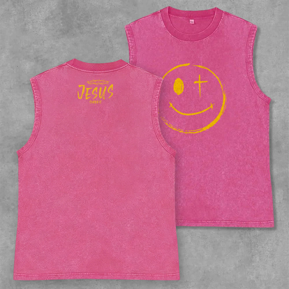Christianartworkshop Canotta unisex con stampa "Jesus Saves" e faccina sorridente - Rosa - 2XL - image 28