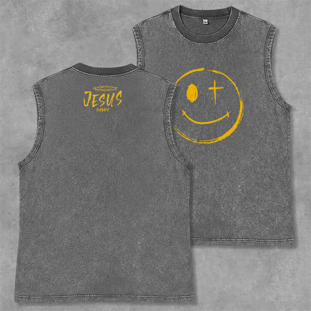 Christianartworkshop Canotta unisex con stampa "Jesus Saves" e faccina sorridente - Grigio - 2XL - image 14