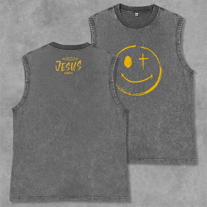 Christianartworkshop Canotta unisex con stampa "Jesus Saves" e faccina sorridente - Grigio - 2XL - image 14