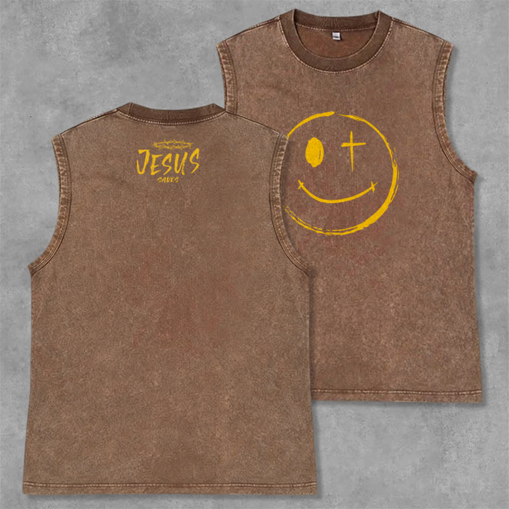 Christianartworkshop Canotta unisex con stampa "Jesus Saves" e faccina sorridente - Marrone - 2XL - image 0