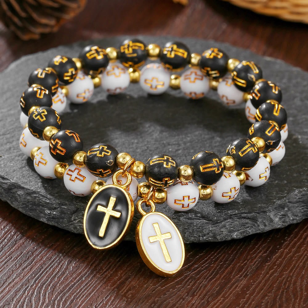 Christianartworkshop Bracciale con croce in acrilico bicolore e ciondolo a croce smaltato: un contenitore per la sacra fede quotidiana. - image 0