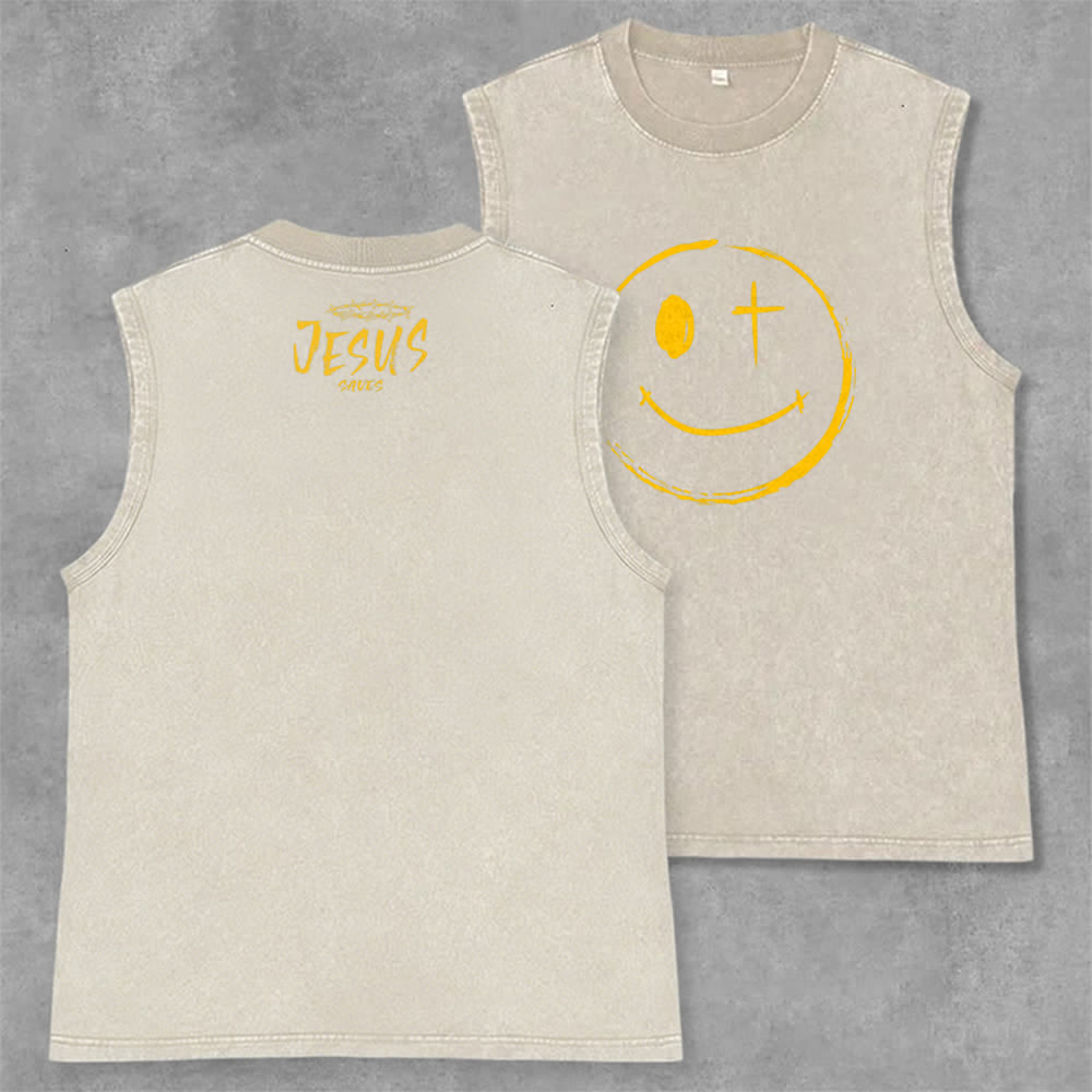 Christianartworkshop Canotta unisex con stampa "Jesus Saves" e faccina sorridente - Beige - 2XL - image 21